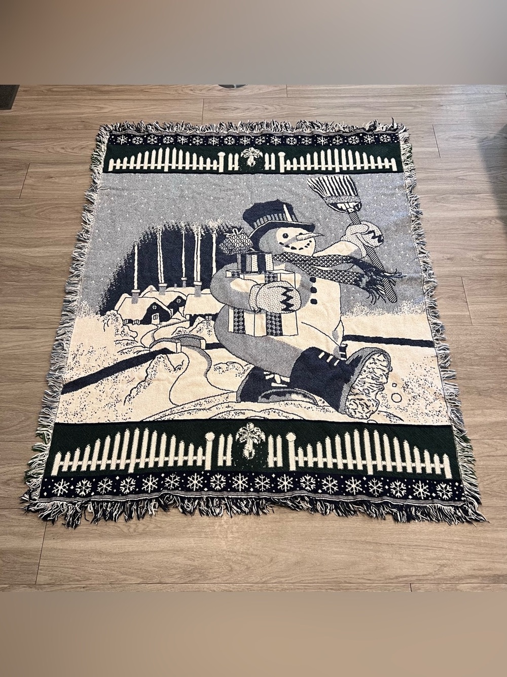Vintage Christmas Snowman Woven Throw Blanket Reversible Fringe 58x46 Cabin